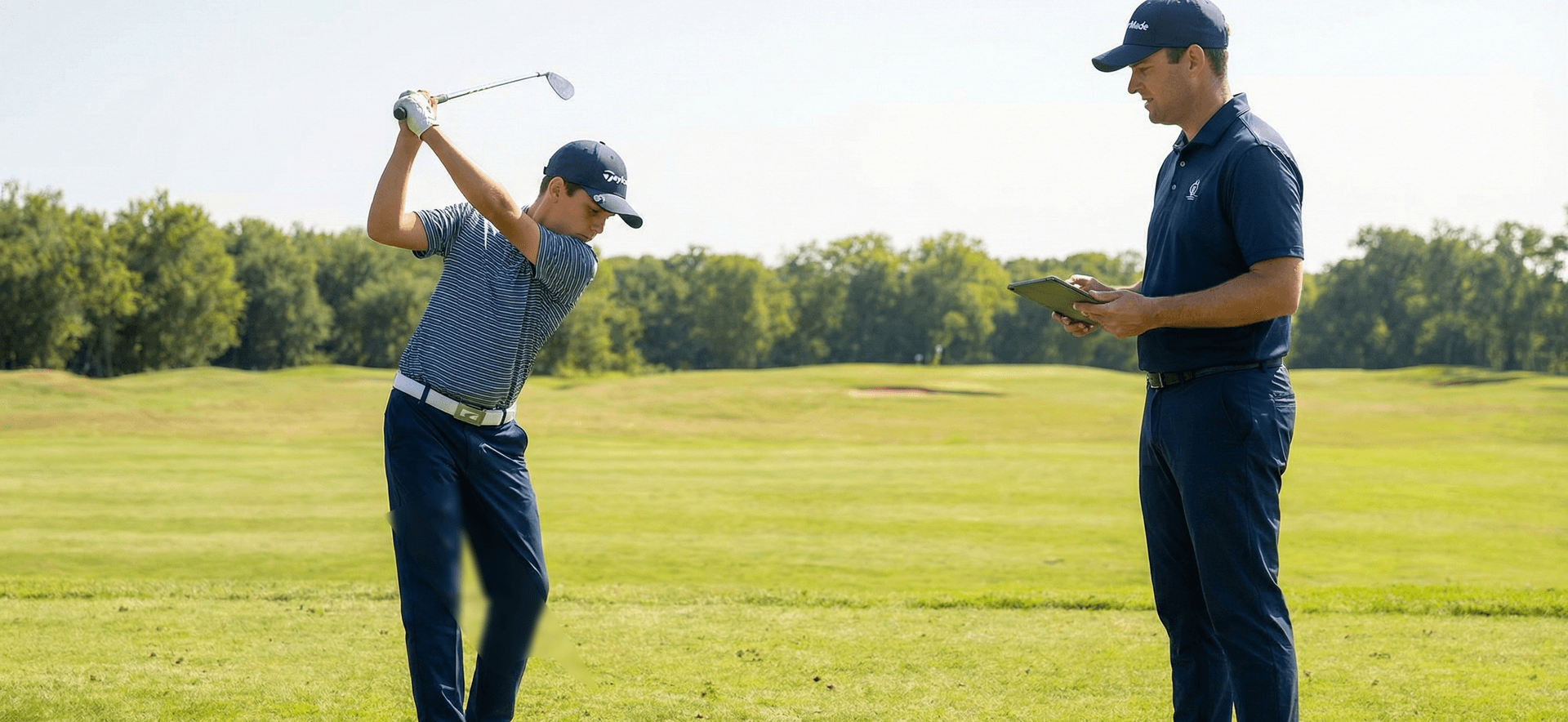 Golf coach teaching technique to junior athlete