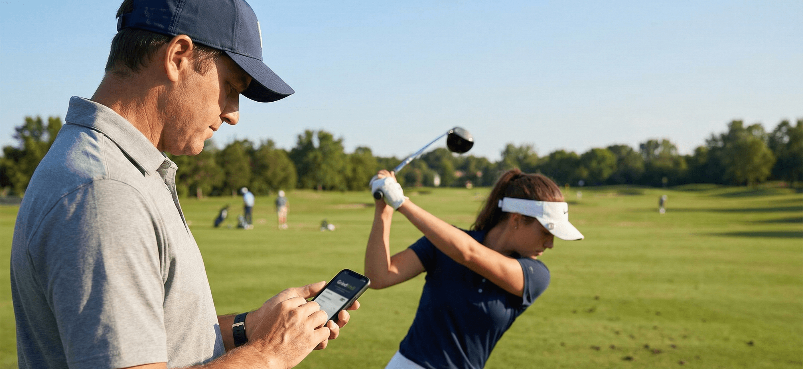 Professional golf coach instructing junior athlete on the range